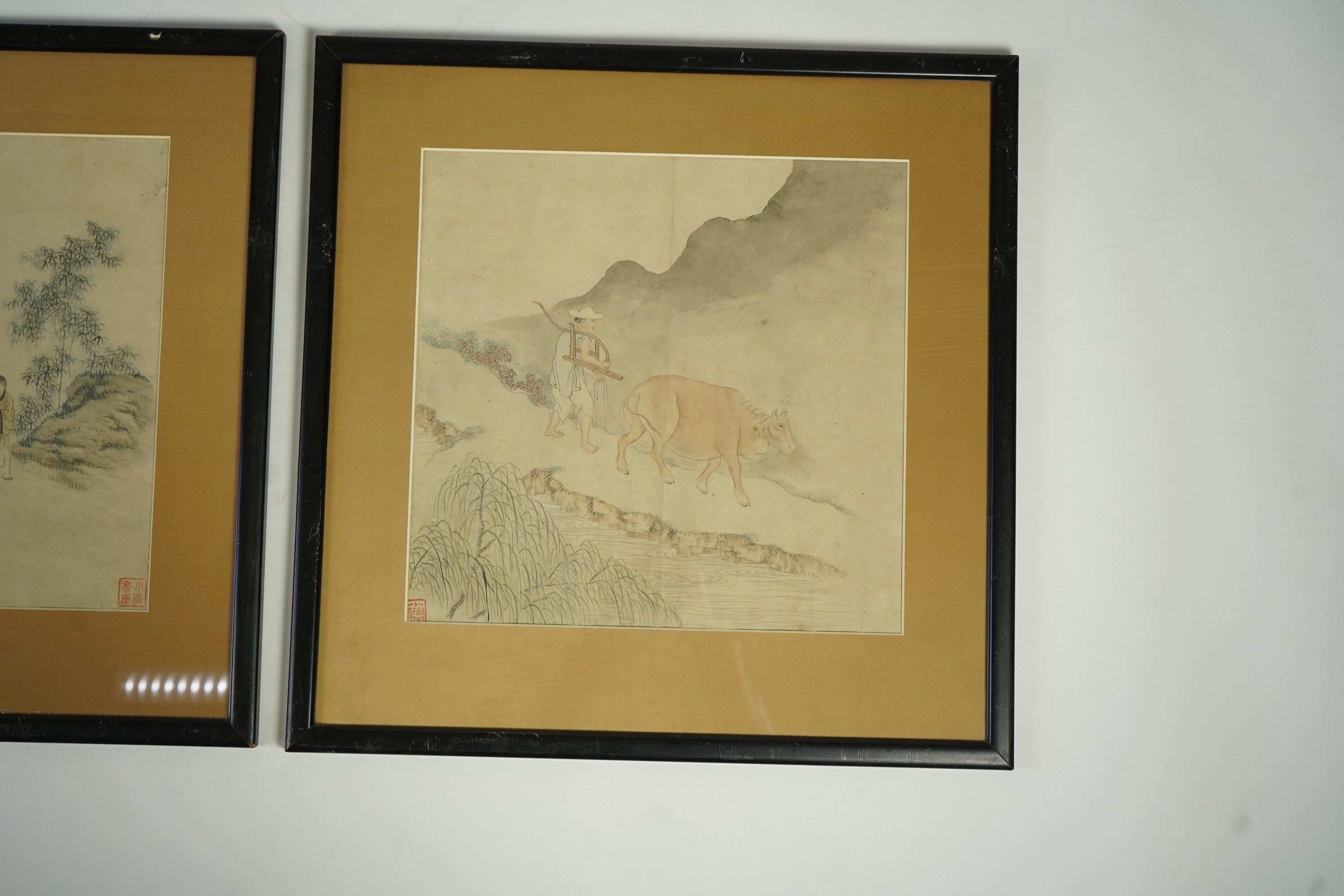 Chinese School , (19th century), Sage and boy, Farmer and ox, and two sages and attendant, Ink and colour on rice paper; three works, 38.5cm x 39.5cm, framed and glazed